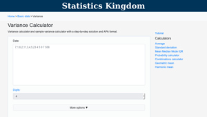 Screenshot of Variance calculator - Statistics Kingdom
