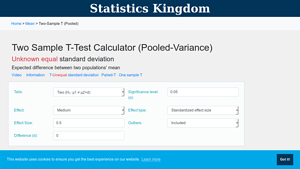 Screenshot of Two Sample T-Test Calculator (Pooled-Variance) - Statistics Kingdom