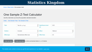 Screenshot of One Sample Z-Test Calculator - Statistics Kingdom