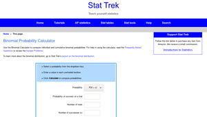 Screenshot of Binomial Distribution Probability Calculator - Stat Trek