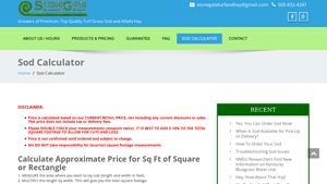 Screenshot of Sod Calculator - StoneGate Turfgrass Ranch
