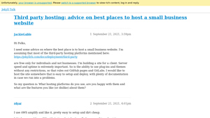 Screenshot of advice on best places to host a small business website - Jekyll Talk