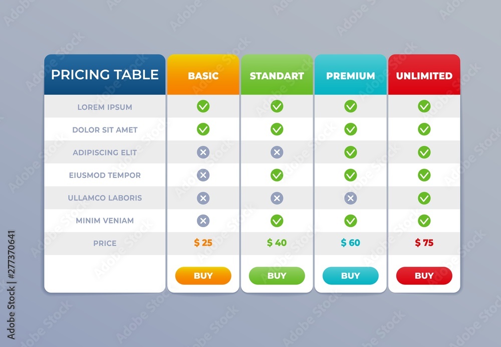 Featured image for tariff calculator - Comparison pricing table list. Vector ...
