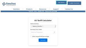 Screenshot of 2025 US Tariff Calculator - TimeTrex