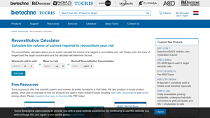 Screenshot of Reconstitution Calculator - Tocris Bioscience