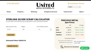 Screenshot of Sterling Silver Scrap Calculator - United Precious Metal Refining, Inc.