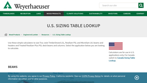 Screenshot of U.S. Sizing Table Lookup - Weyerhaeuser