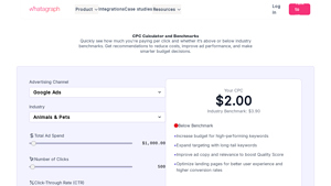 Screenshot of Free CPC Calculator & Industry Benchmarks | Whatagraph