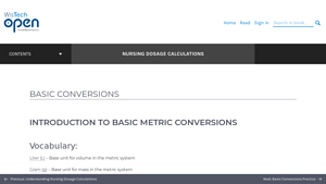 Screenshot of Basic Conversions – Nursing Dosage Calculations - WisTech Open