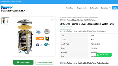 2000 Litre Purinox 5 Layer Stainless Steel Water Tanks