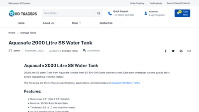 Aquasafe 2000 Litre SS Water Tank (Today's Price List) - RO Traders